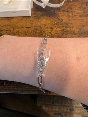 Silver tone paperclip Bracelet With Nazar Detail